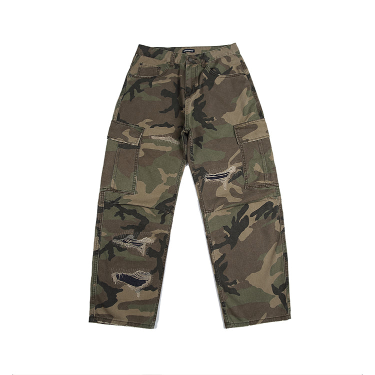 Men's American Street Retro Cargo Pants - Camouflage Heavy Washed Ripped Straight-Leg Pants