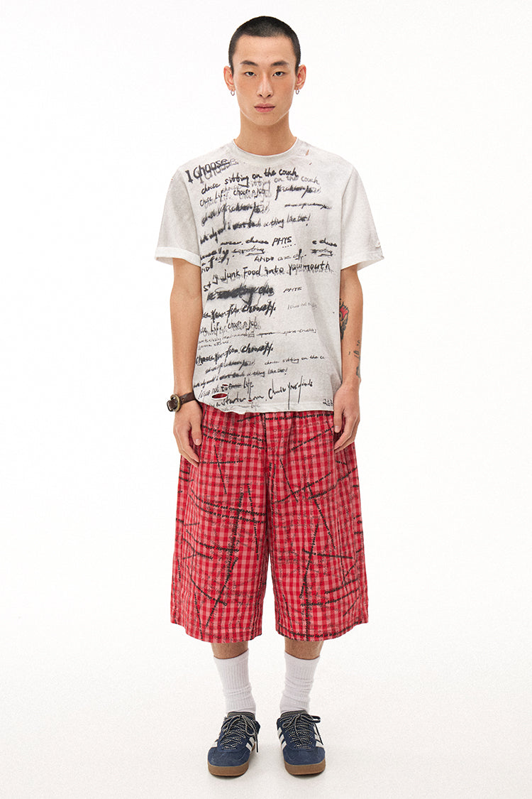 Handwritten Print Soft Skin-friendly Distressed Loose Short Sleeve T-shirt