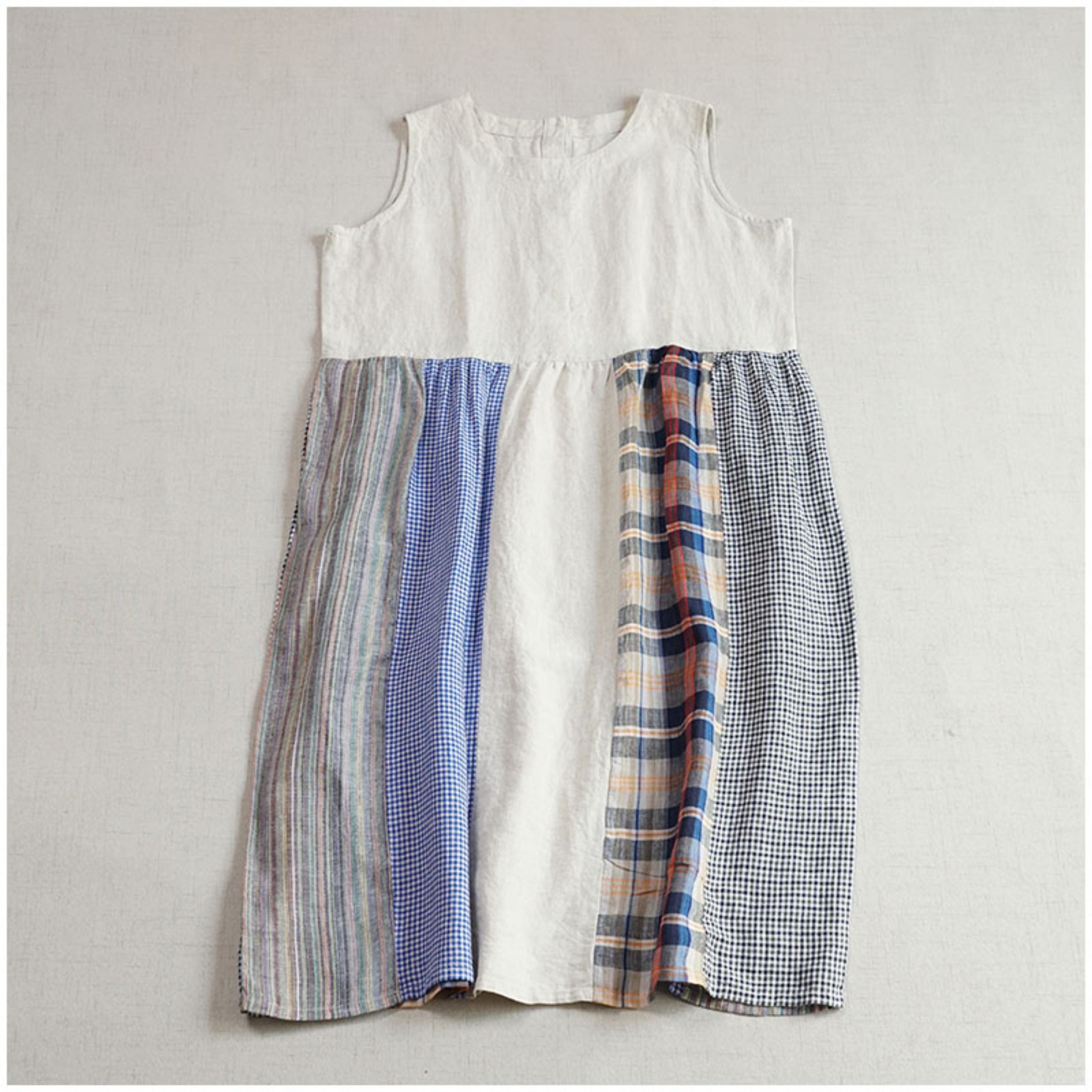 Linen Color-Block Mori Girl Tank Dress – High-Waist, Loose, Round Neck