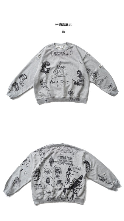 Retro Washed Graffiti Print Crewneck Sweatshirt – Distressed Loose Unisex