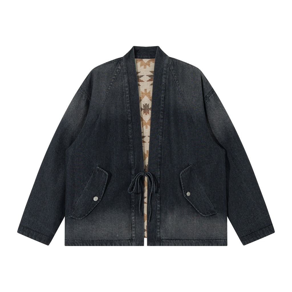 Reversible Ethnic Jacquard “Dao Robe” Denim Cardigan – Oversized Lace-Up Coat for Autumn