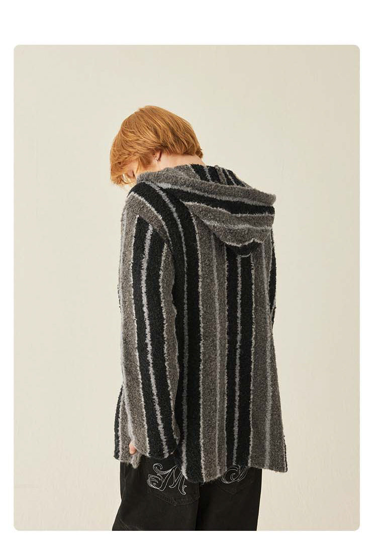 MEDRIA Retro Striped Wool Blend Tibetan Hoodie Autumn Winter Lazy Style Knitted Sweater Unisex Hooded Jacket