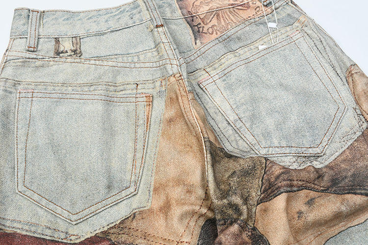 Beauty tide retro old hole patch 3D printing jeans dyed loose wide-leg pants
