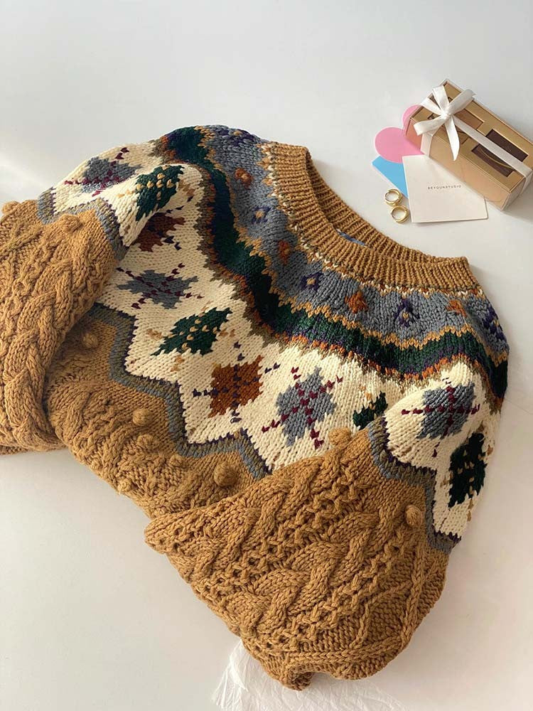 Ginger Yellow Fair Isle Wool Sweater – Korean-Style Loose Fit (Women)