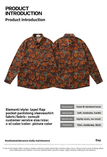 American Retro Oil Painting Floral Full Print Long Sleeve Shirt for Men, Autumn Street Style Loose Casual Floral Shirt