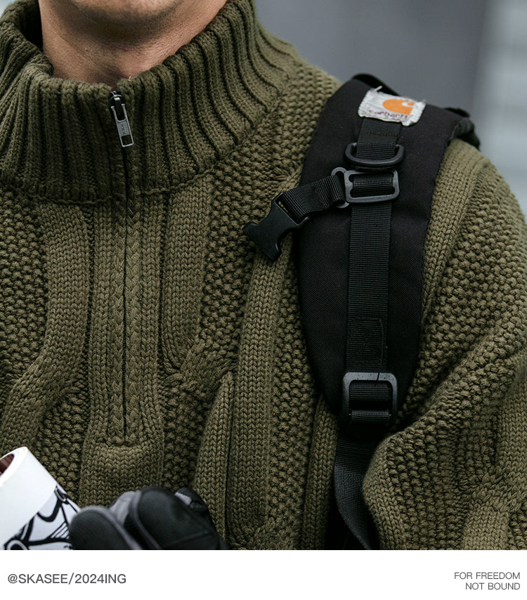 Winter Heavyweight High Grammage Non-Itchy Thick Cable Knit Stand Collar Pullover Sweater American Retro Half-Zip Thickened Coat