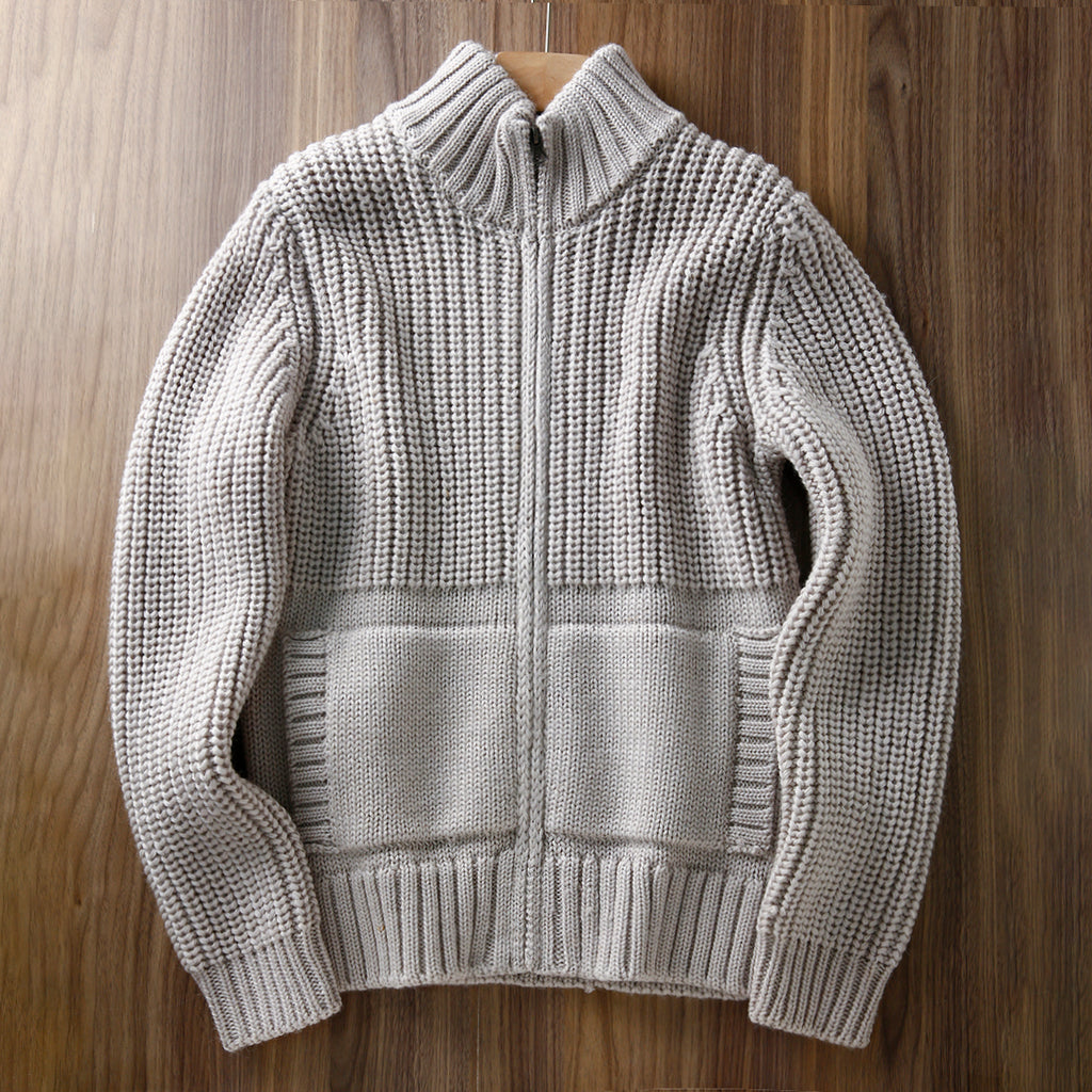 Italian Pure Wool Stand-Collar Cardigan – 100% Heavyweight Knit Sweater Jacket for Autumn/Winter