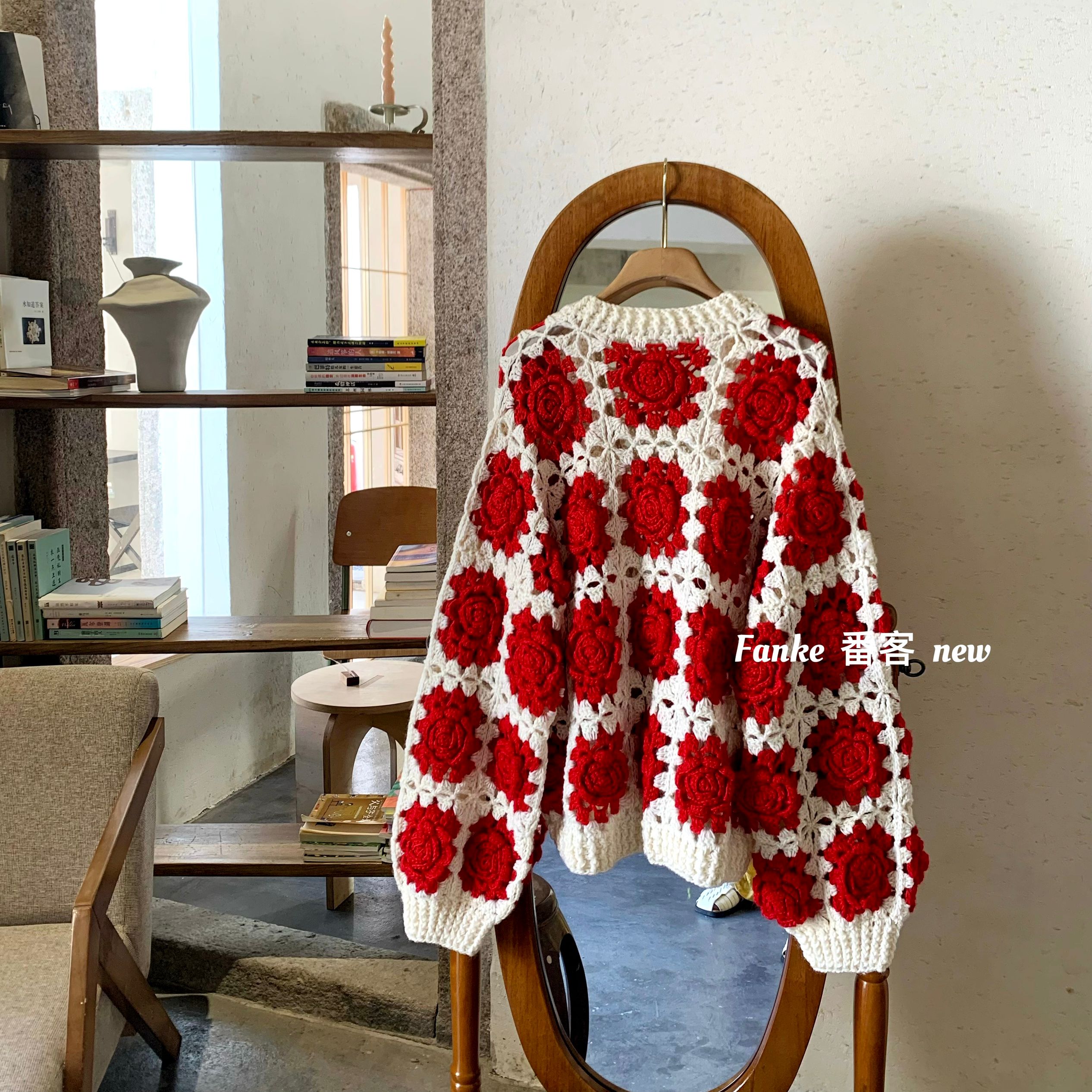 Women's European French Retro Color Block Cardigan - Handmade 3D Rose Crochet Hollow Knit Sweater