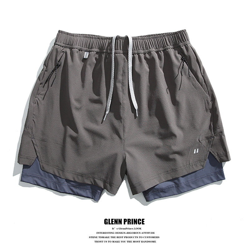 Summer Outdoor Fake Two-Piece Double-Layer Running Sports Shorts for Men Anti-Exposure Quick-Dry Cycling Training Shorts