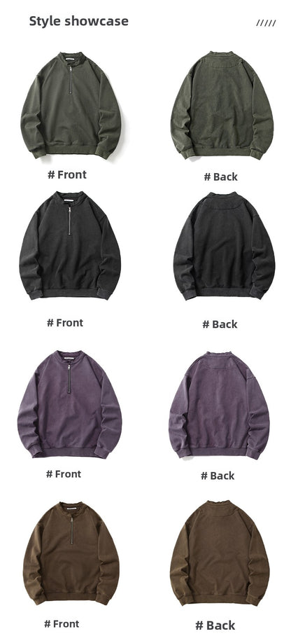 Unisex 465g Washed Vintage Sweatshirt - Boxy Half-Zip Snowflake Knit Pullover