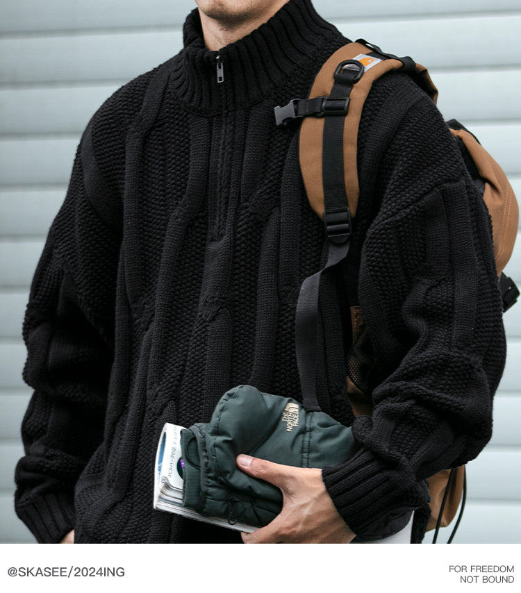 Winter Heavyweight High Grammage Non-Itchy Thick Cable Knit Stand Collar Pullover Sweater American Retro Half-Zip Thickened Coat