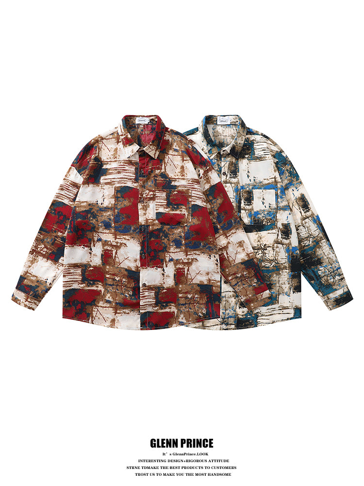 Trendy Street Irregular Oil Painting Full Print Long Sleeve Shirt for Men Autumn Niche Casual Shirt Jacket