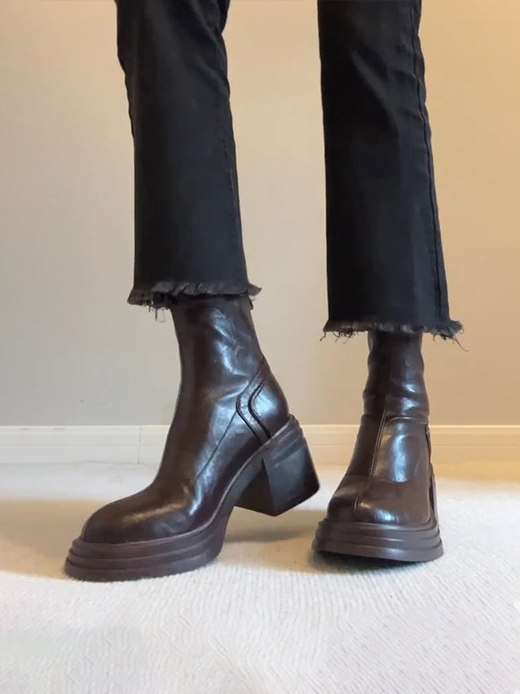 Women's Retro Genuine Leather Martin Boots - Brown Cowhide Thick-Soled Back-Zip Chunky Heel Boots