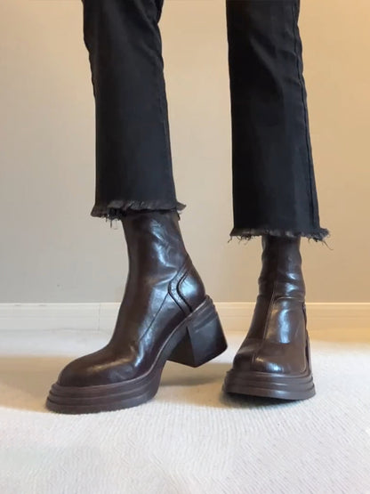 Women's Retro Genuine Leather Martin Boots - Brown Cowhide Thick-Soled Back-Zip Chunky Heel Boots