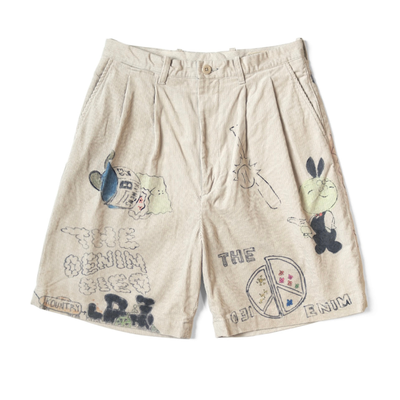 Japanese Style Casual Cartoon Fun Print Washed Vintage Corduroy Shorts