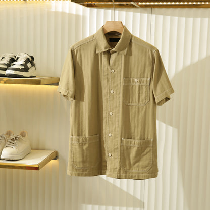 100% Cotton Herringbone Summer Men's Loose Casual Short Sleeve Work Shirt Top