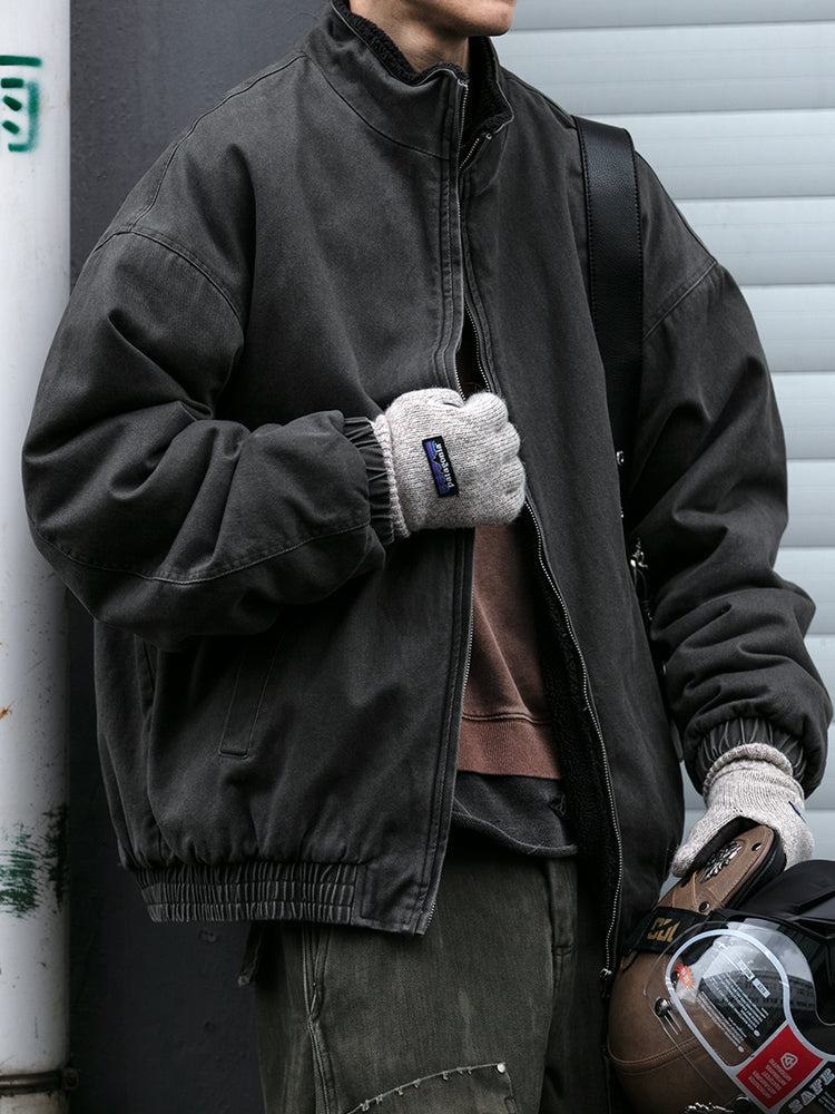 Men's Japanese Retro Lamb Wool Jacket - Thickened Stand Collar Couple Cotton Coat