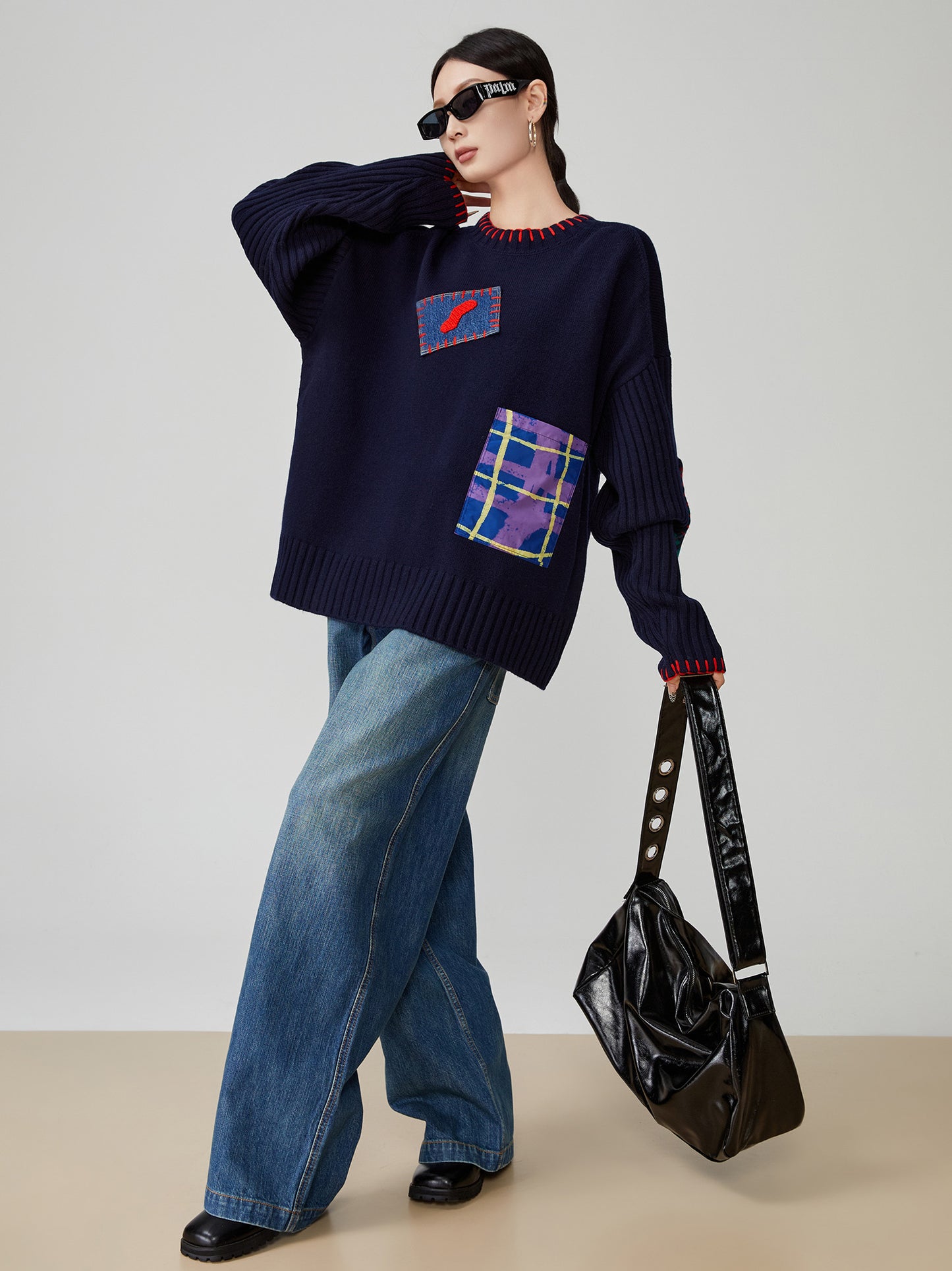 Color-Block Hand-Embroidered Patchwork Sweater – Japanese Niche Knit Top