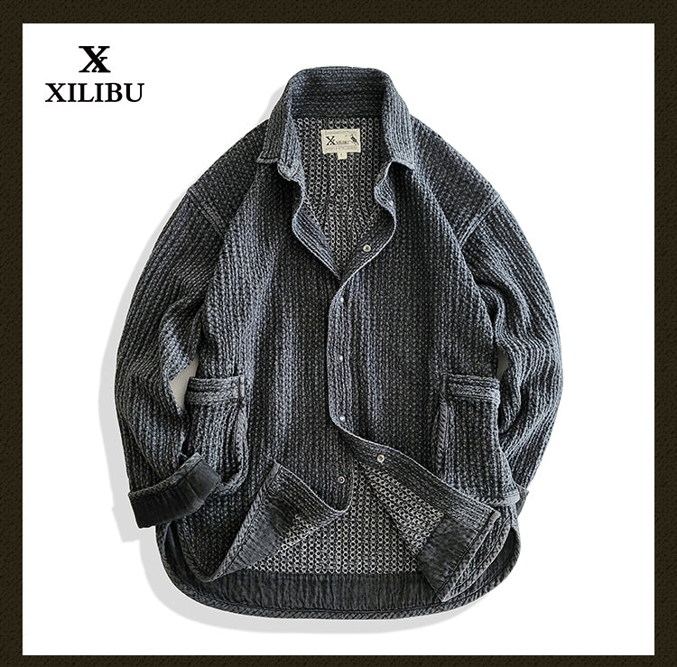 Washed Black Tie-Dye Oversized Shirt Jacket Loose Casual Khaki Vintage