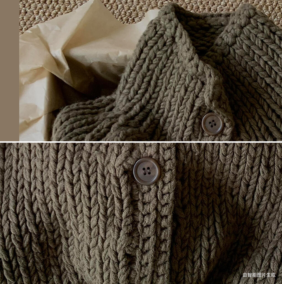 Retro Mustard Green Cable-Knit Half-Turtleneck Cardigan – High-Grade Cozy Luxe for Women