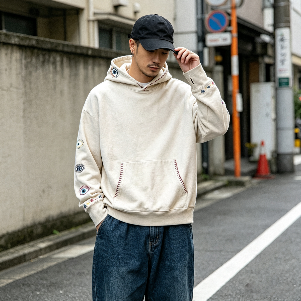 Japanese Vintage Embroidered Eye Hoodie – Washed Cotton Loose Fit Streetwear Pullover – hoodie | japanese streetwear | vintage workwear | unisex | Yamalinclothes