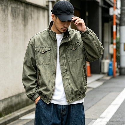 Japanese Workwear Multi-Pocket Stand Collar Jacket – Loose Oversized Men's Coat