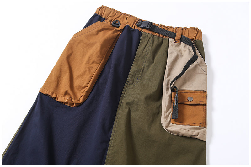 Japanese-Style Patchwork A-Line Skirt – Retro Loose Fit with Elastic Waist & Pockets