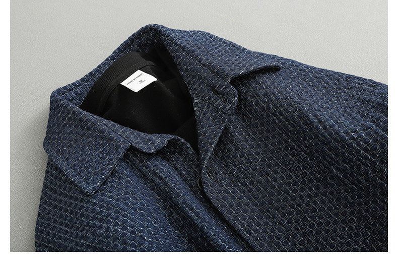 Japanese Retro Lattice Texture Denim Shirt - Loose Casual Lapel Shirt (Men)