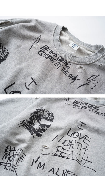 Retro Washed Graffiti Print Crewneck Sweatshirt – Distressed Loose Unisex