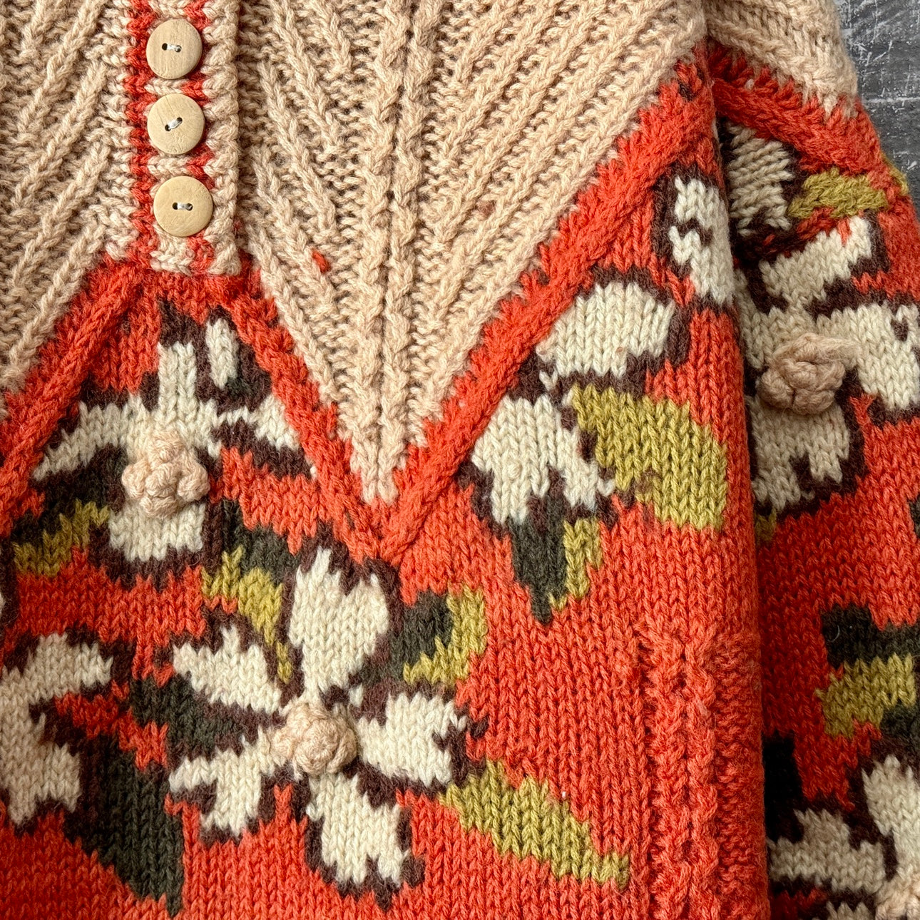 Thick Knit 100% Wool Handmade Knitted 3D Crochet Pullover Vintage Sweater WW36