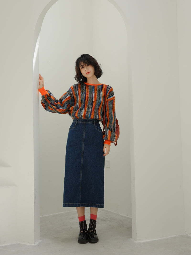 Colorful Striped Lazy Pullover Sweater – Thickened Crew-Neck Loose Fit (Women)