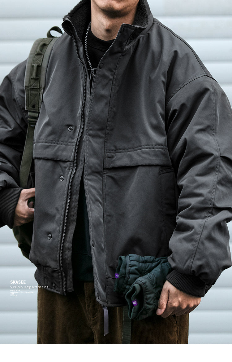 Japanese Style Trendy Brand Lamb Wool Stand Collar Cotton Jacket Men Winter Trendy Brand Couple Loose Thickened Warm Workwear Cotton Coat Jacket