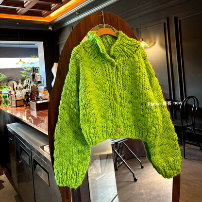 Women's Korean Retro High Collar Knitted Cardigan - Petite Short Slimming Thickened Sweater Coat