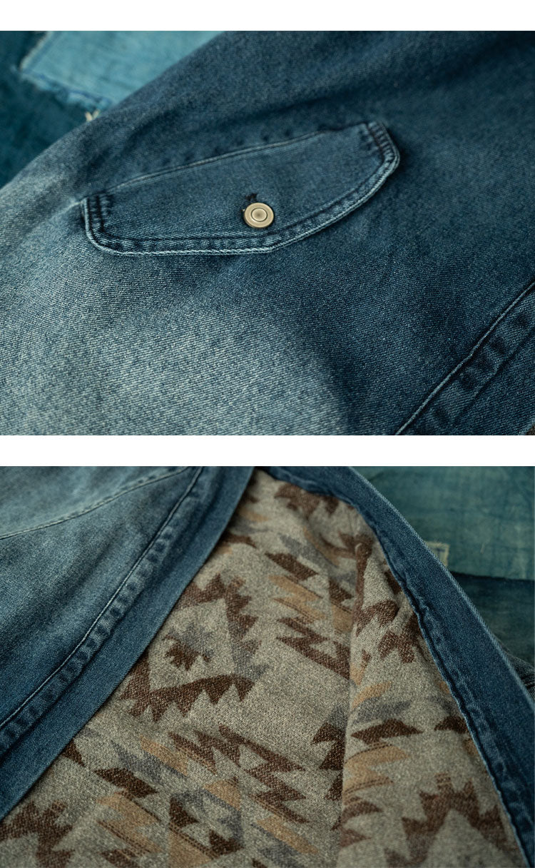 Vintage Ethnic-Style Reversible Denim Jacket – Japanese Retro Unisex Coat