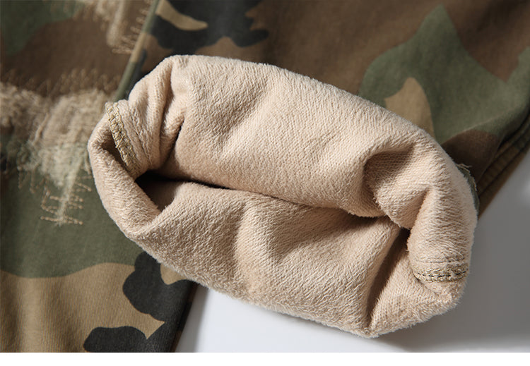 Men's American Street Retro Cargo Pants - Camouflage Heavy Washed Ripped Straight-Leg Pants