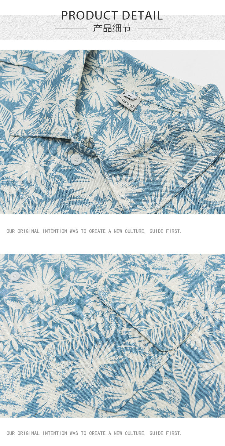 Japanese Retro Floral Cotton Linen Short Sleeve Shirt Men Summer Hong Kong Style Trendy Beach Casual Floral Shirt