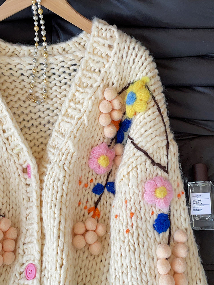 Women's 2025 Autumn French Retro Crochet Cardigan - Handmade 3D Flower Heavy Knit Sweater Coat