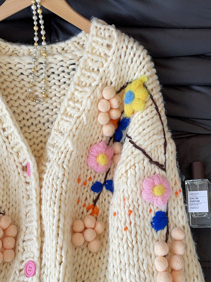 Women's 2025 Autumn French Retro Crochet Cardigan - Handmade 3D Flower Heavy Knit Sweater Coat