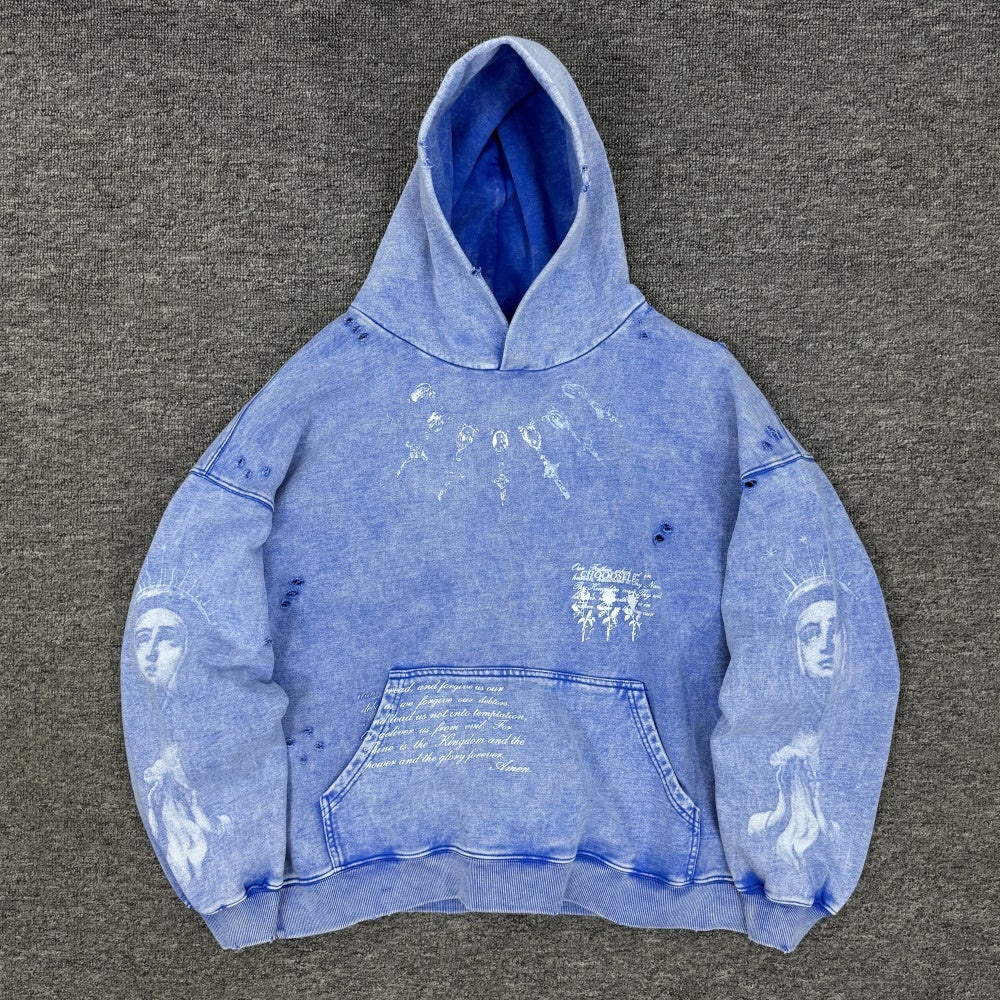 500g Heavyweight Saint Michael Distressed Portrait Hoodie – Vintage Washed Pullover