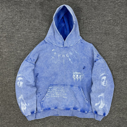500g Heavyweight Saint Michael Distressed Portrait Hoodie – Vintage Washed Pullover