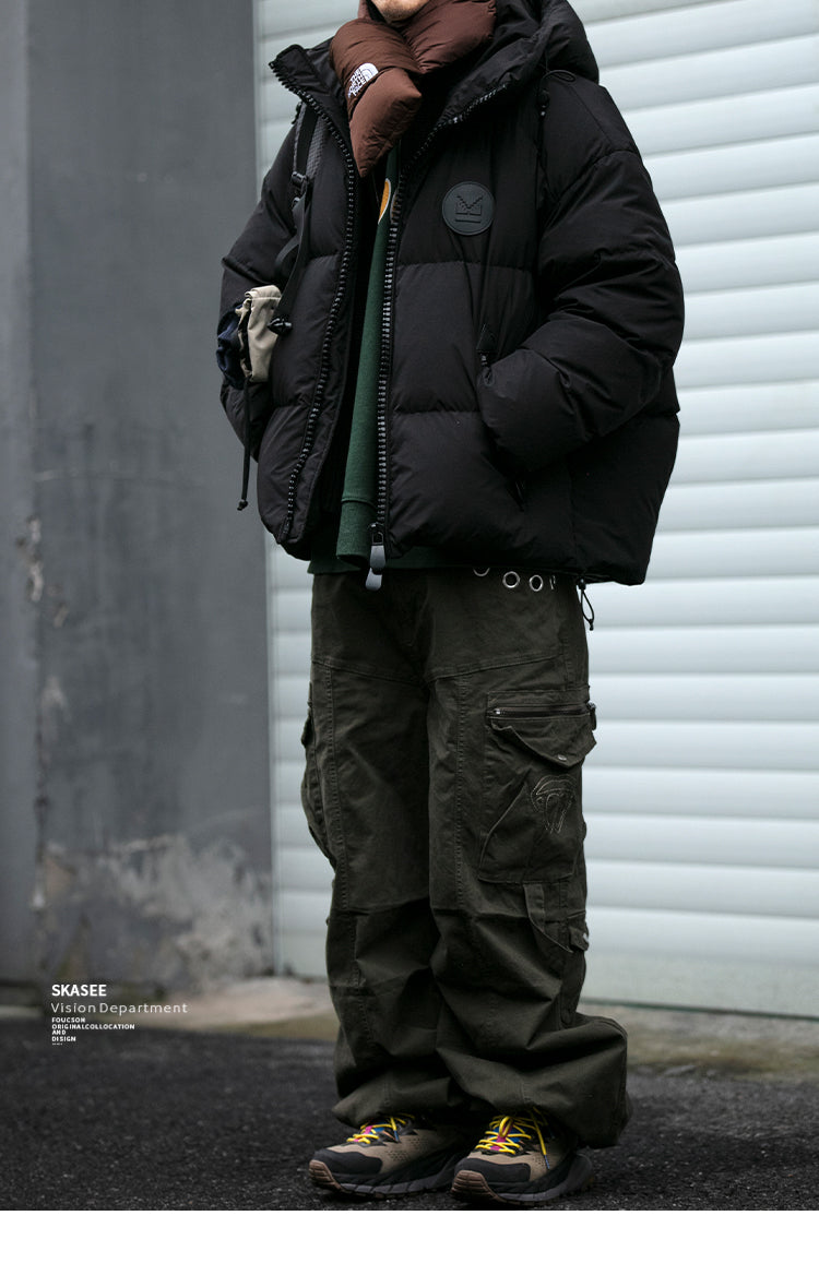 Men's Plaid Down Jacket - Detachable Wool Collar Thickened Warm Puff Coat