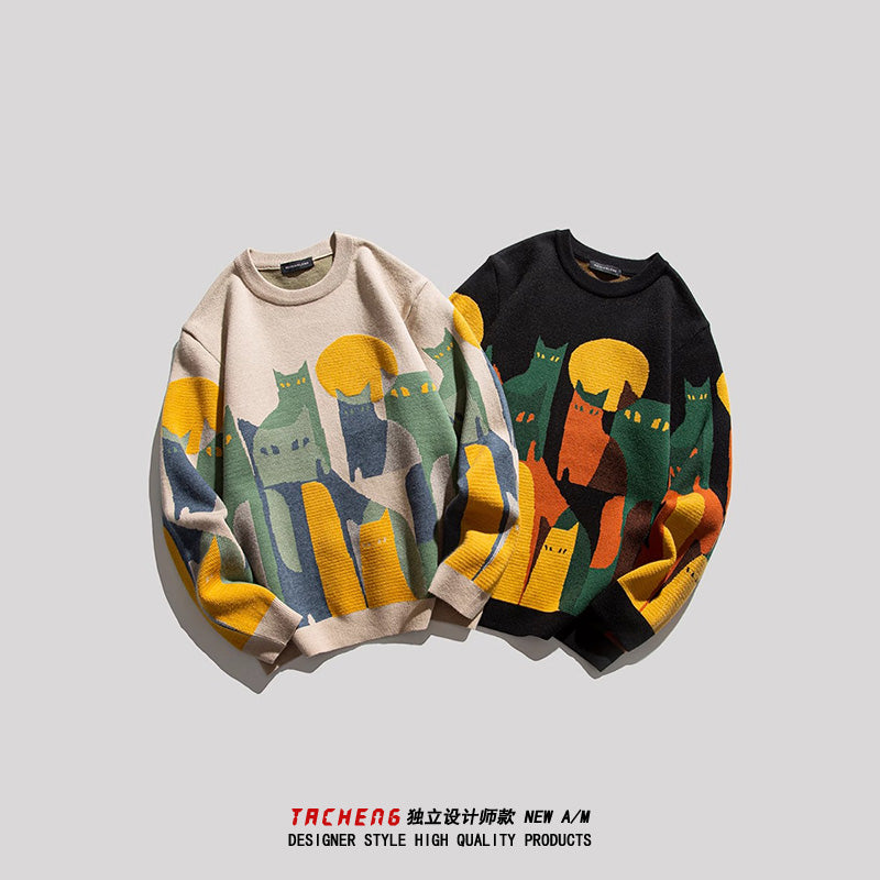 Cat Jacquard Loose Knit Sweater – American Style High-End Feel (Unisex)