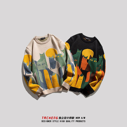 Cat Jacquard Loose Knit Sweater – American Style High-End Feel (Unisex)