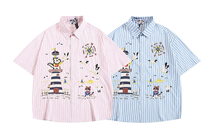 Japanese Style Trendy Cartoon Embroidery Vertical Striped Short Sleeve Shirt for Men Summer Loose Couple Half Sleeve Shirt