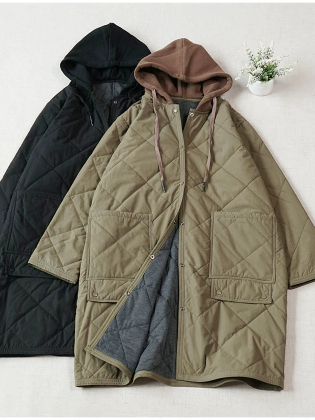 Warm Mid-Length Hooded Quilted Cotton Jacket – Loose, Retro Japanese Outerwear for Women