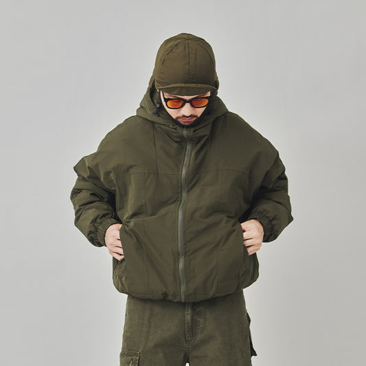 Army Green Hooded Short Down Jacket – Loose Fit Cold-Resistant Puffer (Unisex)