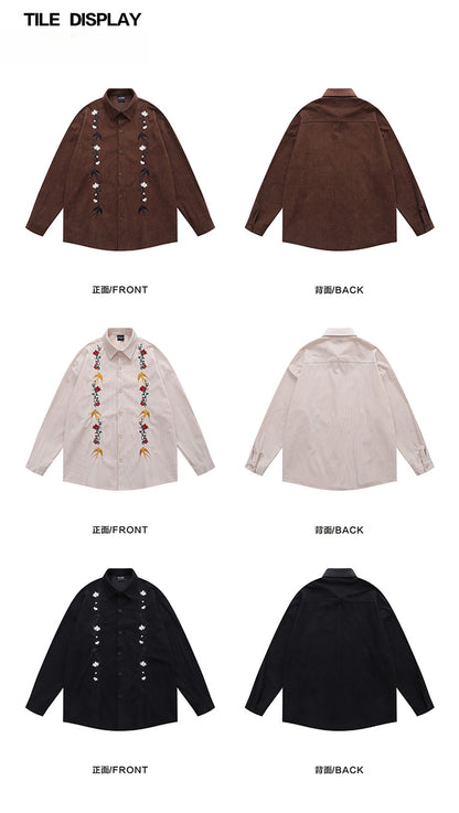 GPStudio American-Retro Floral Embroidery Corduroy Shirt – Long Sleeve, Loose Fit