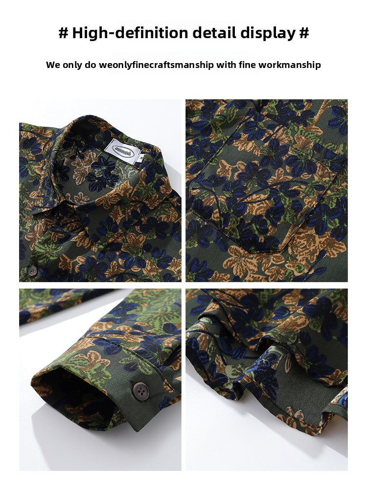 Japanese Style Trendy Floral Print Long Sleeve Shirt for Men Autumn Travel Vacation Lazy Casual Floral Shirt