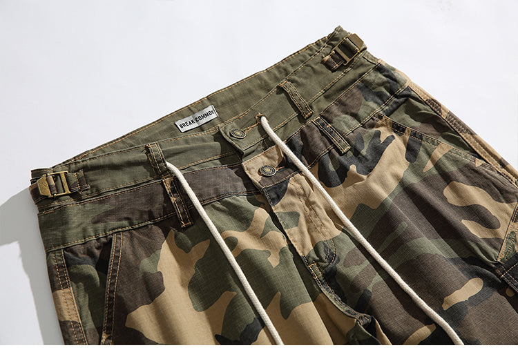Men's American Street Retro Cargo Pants - Camouflage Heavy Washed Ripped Straight-Leg Pants