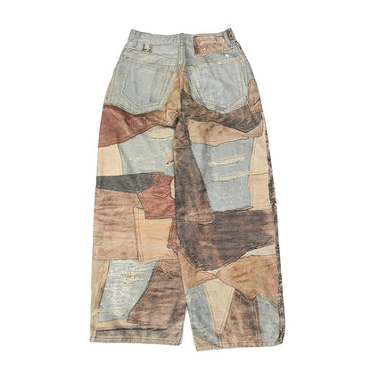 Beauty tide retro old hole patch 3D printing jeans dyed loose wide-leg pants